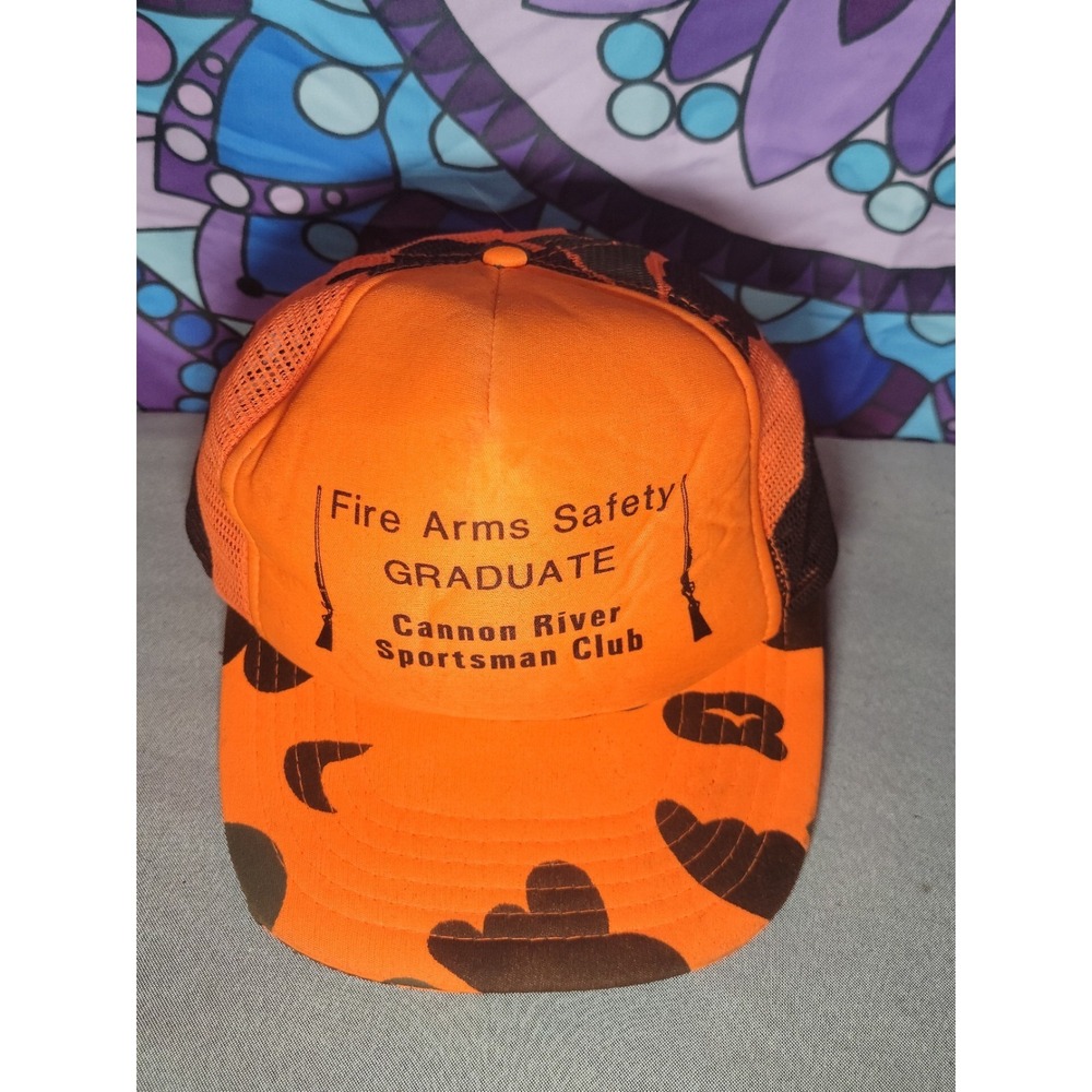 Vintage Blaze Orange Mesh Trucker Hat Fire Arms Safety Graduate Snapback Cap